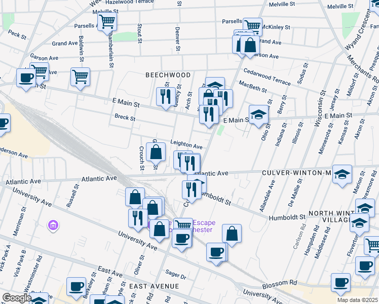 map of restaurants, bars, coffee shops, grocery stores, and more near 205 Leighton Avenue in Rochester