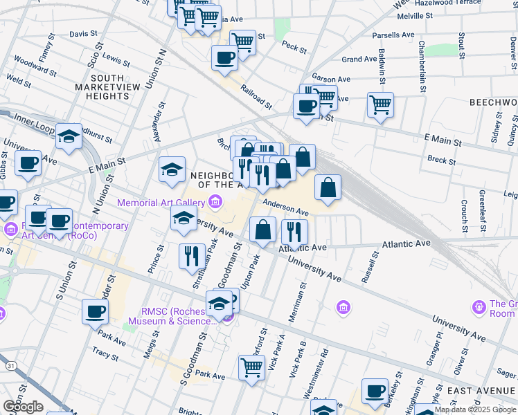 map of restaurants, bars, coffee shops, grocery stores, and more near in Rochester
