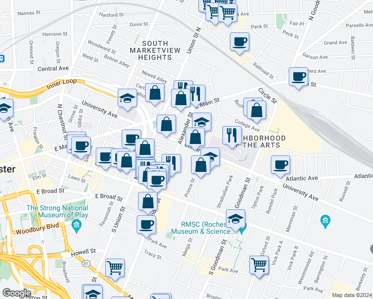 map of restaurants, bars, coffee shops, grocery stores, and more near 399 University Avenue in Rochester