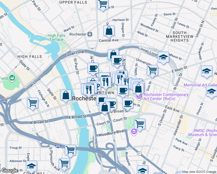 map of restaurants, bars, coffee shops, grocery stores, and more near 250 East Main Street in Rochester