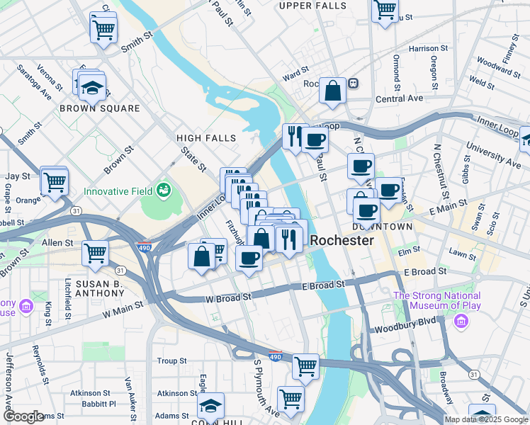 map of restaurants, bars, coffee shops, grocery stores, and more near 100 State Street in Rochester