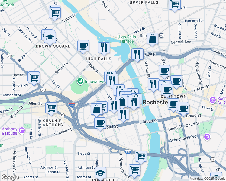 map of restaurants, bars, coffee shops, grocery stores, and more near 120 State Street in Rochester