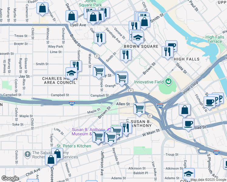 map of restaurants, bars, coffee shops, grocery stores, and more near 71 Orange Street in Rochester