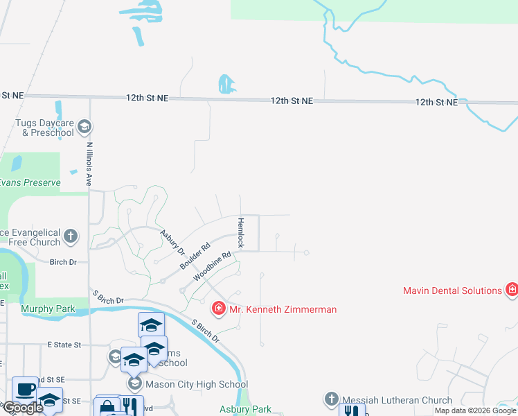 map of restaurants, bars, coffee shops, grocery stores, and more near 330 Sumac Road in Mason City