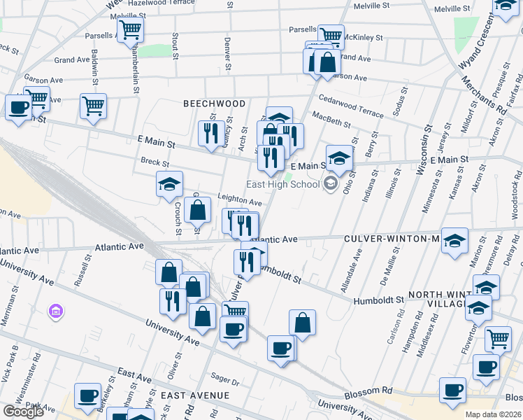 map of restaurants, bars, coffee shops, grocery stores, and more near 205 Leighton Avenue in Rochester