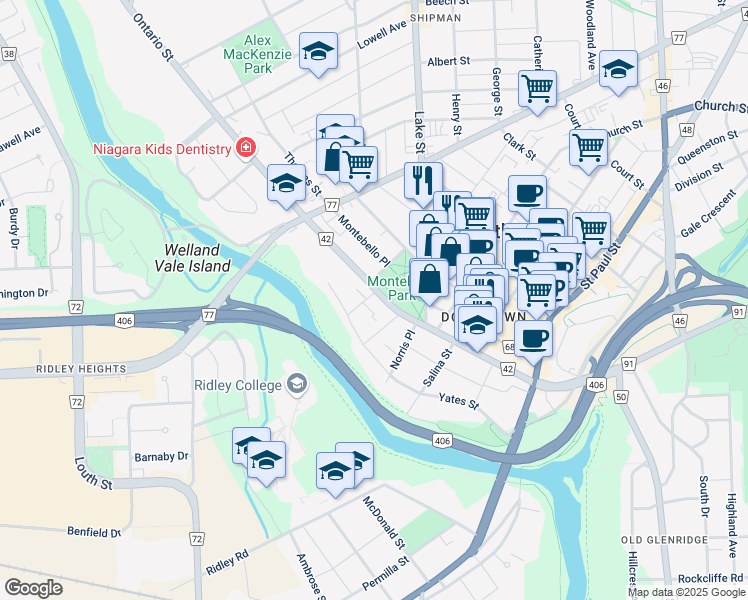 map of restaurants, bars, coffee shops, grocery stores, and more near 137 Ontario Street in St. Catharines