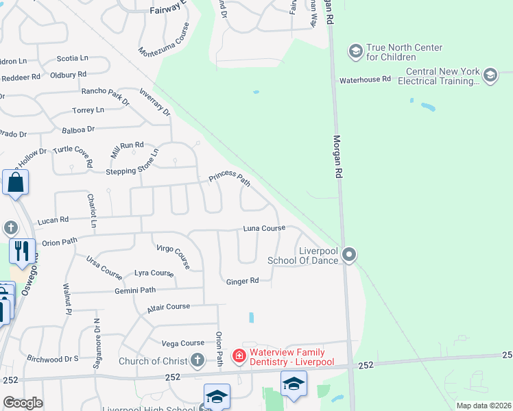 map of restaurants, bars, coffee shops, grocery stores, and more near 4085 Sesame Path in Liverpool