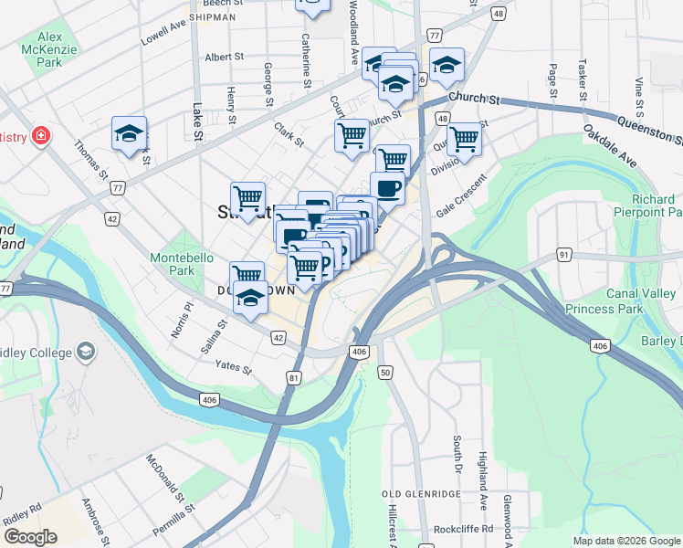 map of restaurants, bars, coffee shops, grocery stores, and more near 194 Saint Paul Street in St. Catharines