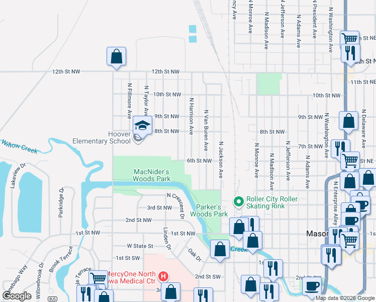 map of restaurants, bars, coffee shops, grocery stores, and more near 620 North Harrison Avenue in Mason City