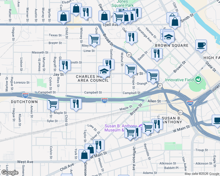 map of restaurants, bars, coffee shops, grocery stores, and more near 183 Saxton St in Rochester