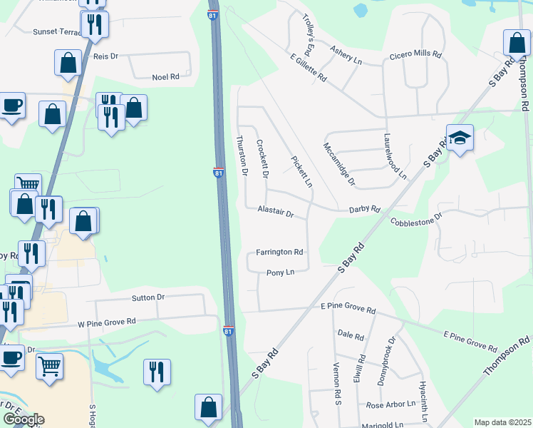 map of restaurants, bars, coffee shops, grocery stores, and more near 5950 Alastair Drive in Cicero