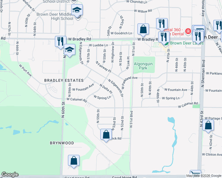 map of restaurants, bars, coffee shops, grocery stores, and more near 7664 North Delta Place in Milwaukee