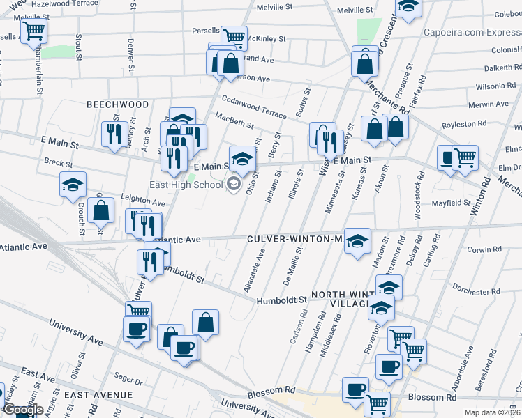 map of restaurants, bars, coffee shops, grocery stores, and more near 59 Indiana Street in Rochester