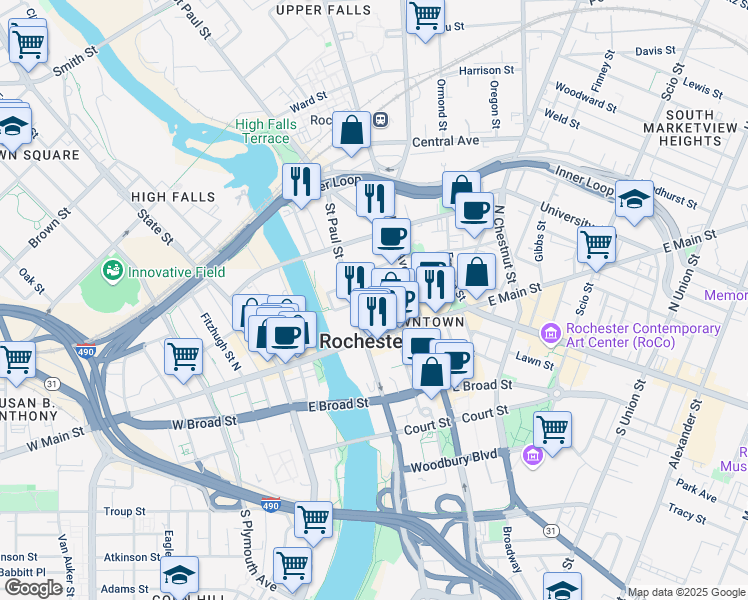 map of restaurants, bars, coffee shops, grocery stores, and more near 61 Mortimer Street in Rochester