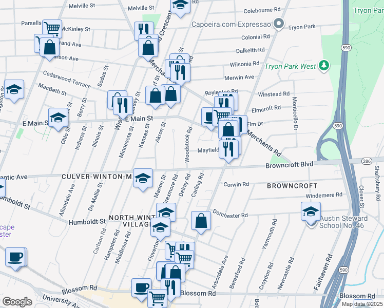 map of restaurants, bars, coffee shops, grocery stores, and more near 40 Woodstock Road in Rochester