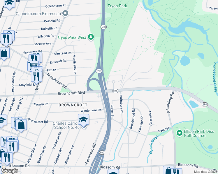 map of restaurants, bars, coffee shops, grocery stores, and more near 362 Browncroft Boulevard in Rochester
