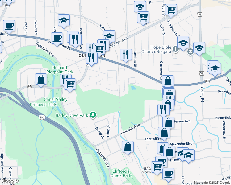 map of restaurants, bars, coffee shops, grocery stores, and more near 77 Avery Crescent in St. Catharines