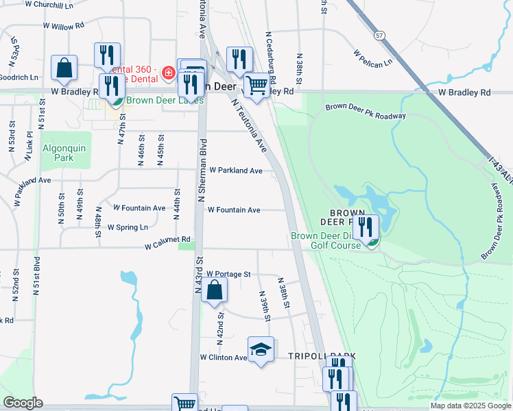 map of restaurants, bars, coffee shops, grocery stores, and more near 3920 West Fountain Avenue in Brown Deer