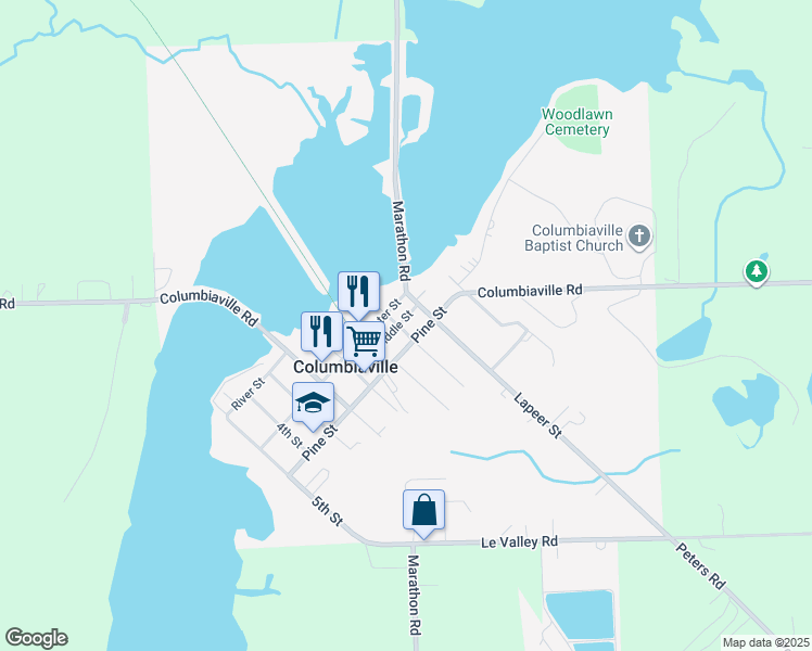 map of restaurants, bars, coffee shops, grocery stores, and more near 4526 Pine Street in Columbiaville