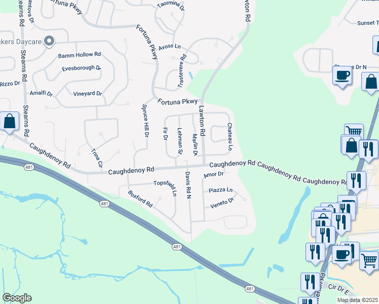 map of restaurants, bars, coffee shops, grocery stores, and more near 7004 Lehman Street in Clay