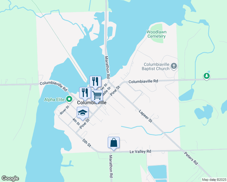 map of restaurants, bars, coffee shops, grocery stores, and more near 4526 Pine Street in Columbiaville
