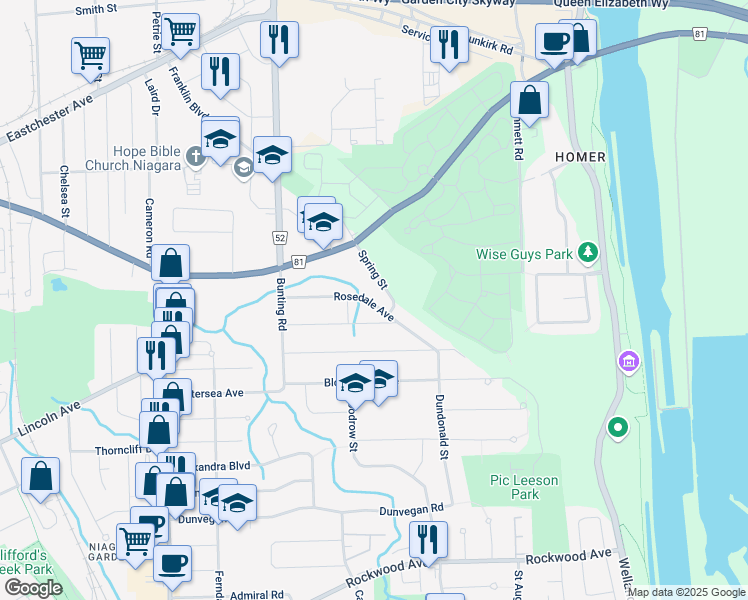 map of restaurants, bars, coffee shops, grocery stores, and more near 53 Rosedale Avenue in Saint Catharines