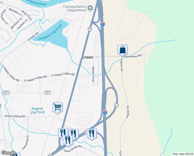 map of restaurants, bars, coffee shops, grocery stores, and more near 31 Manor Loop in Roseburg