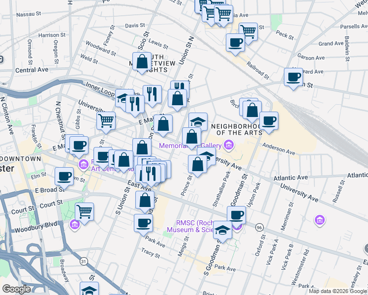 map of restaurants, bars, coffee shops, grocery stores, and more near 399 University Avenue in Rochester