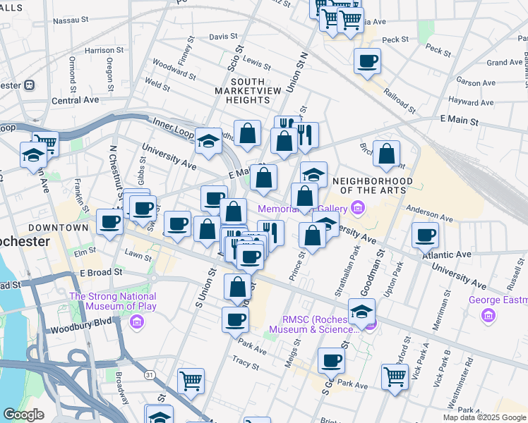 map of restaurants, bars, coffee shops, grocery stores, and more near 365 University Avenue in Rochester