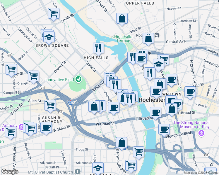 map of restaurants, bars, coffee shops, grocery stores, and more near 120 State Street in Rochester