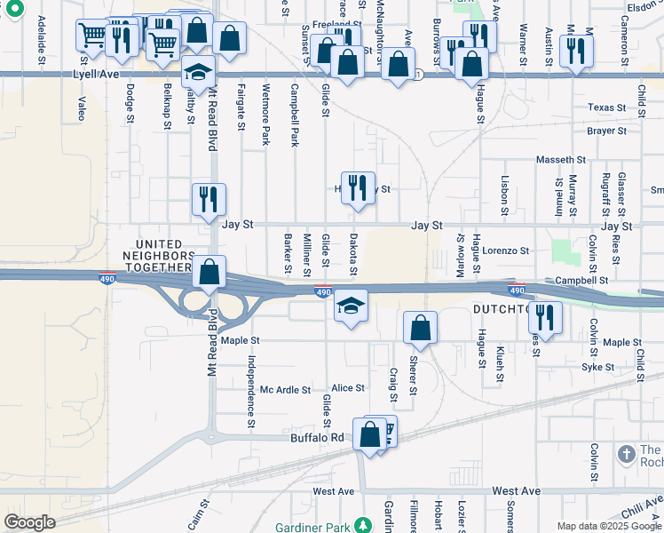 map of restaurants, bars, coffee shops, grocery stores, and more near 18 Granby Street in Rochester