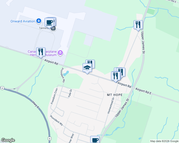 map of restaurants, bars, coffee shops, grocery stores, and more near 9152 Airport Road in Hamilton