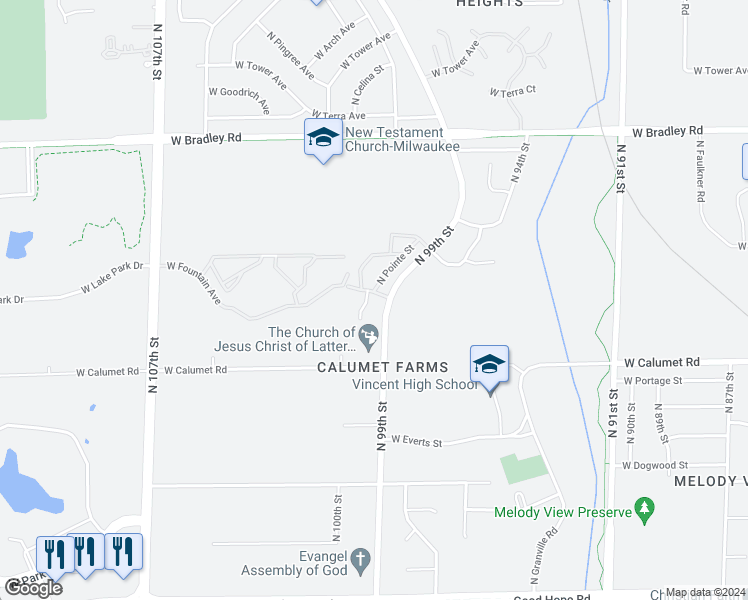map of restaurants, bars, coffee shops, grocery stores, and more near 9911 West Fountain Avenue in Milwaukee