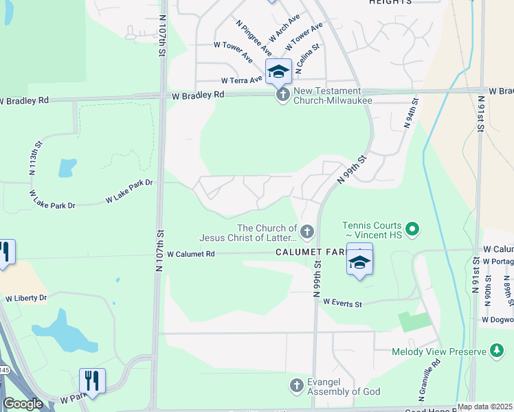 map of restaurants, bars, coffee shops, grocery stores, and more near 10300 West Fountain Avenue in Milwaukee