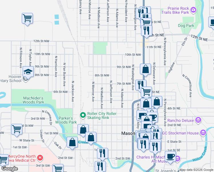 map of restaurants, bars, coffee shops, grocery stores, and more near 325 7th Street Northwest in Mason City