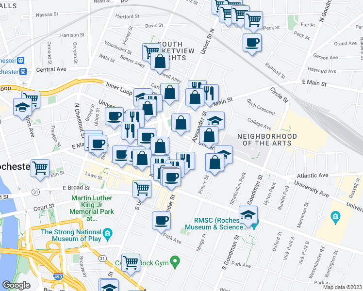 map of restaurants, bars, coffee shops, grocery stores, and more near 88 Richmond Street in Rochester