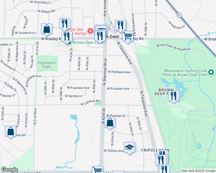 map of restaurants, bars, coffee shops, grocery stores, and more near 7710 North Sherman Boulevard in Brown Deer