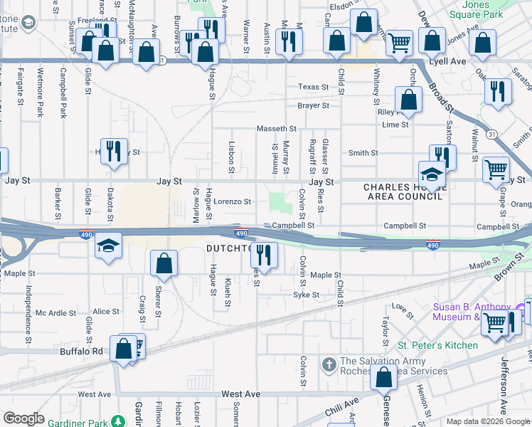map of restaurants, bars, coffee shops, grocery stores, and more near 562 Campbell Street in Rochester