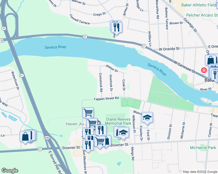 map of restaurants, bars, coffee shops, grocery stores, and more near 116 Overlook Drive in Baldwinsville