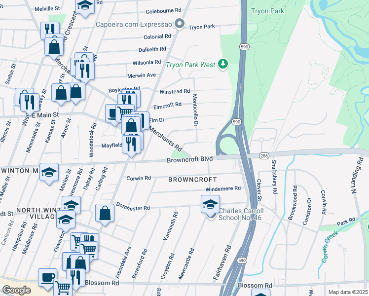 map of restaurants, bars, coffee shops, grocery stores, and more near 54 Merchants Road in Rochester