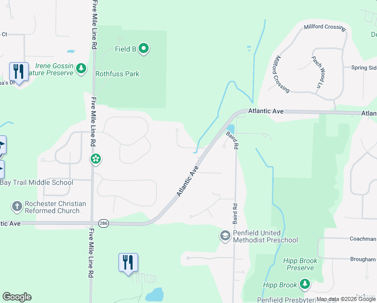 map of restaurants, bars, coffee shops, grocery stores, and more near 47 Saldo Lane in Penfield