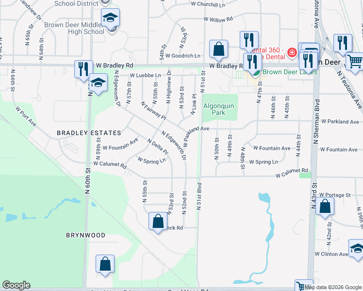 map of restaurants, bars, coffee shops, grocery stores, and more near 7666 North Edgeworth Drive in Milwaukee