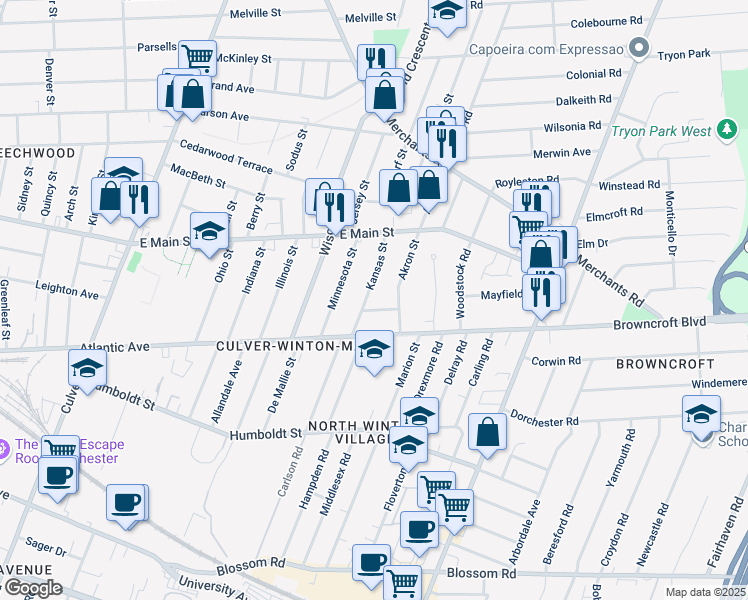 map of restaurants, bars, coffee shops, grocery stores, and more near 64 Kansas Street in Rochester