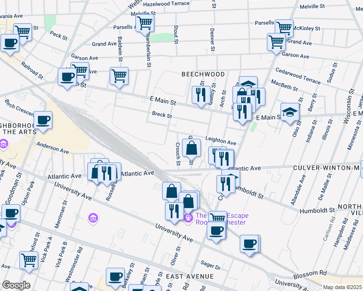 map of restaurants, bars, coffee shops, grocery stores, and more near 76 Crouch Street in Rochester