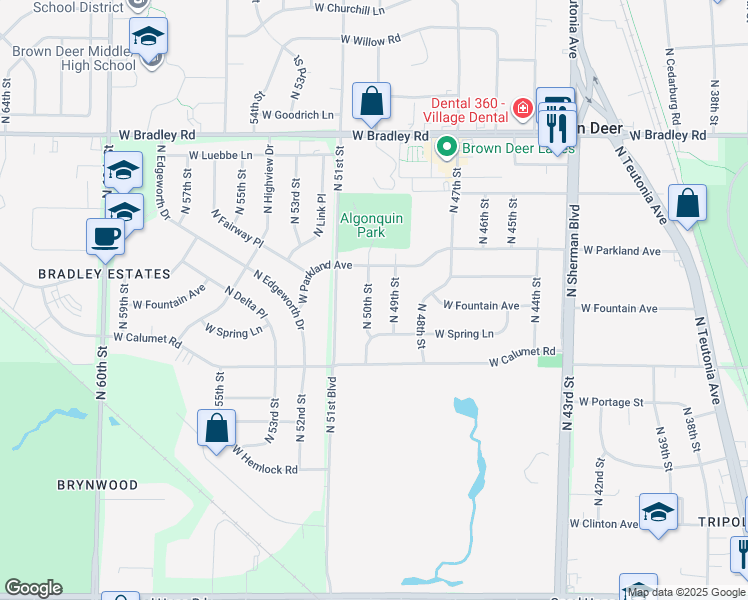 map of restaurants, bars, coffee shops, grocery stores, and more near 7694 North 50th Street in Brown Deer