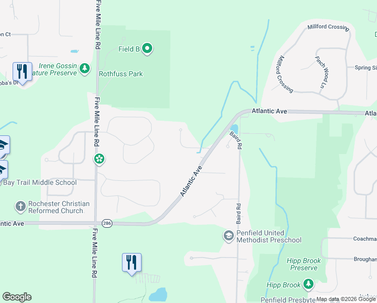 map of restaurants, bars, coffee shops, grocery stores, and more near 47 Saldo Lane in Penfield