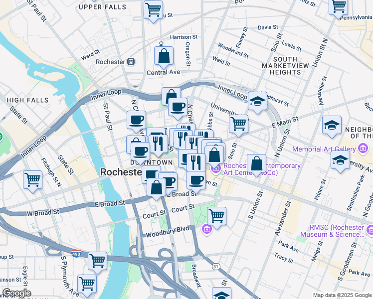 map of restaurants, bars, coffee shops, grocery stores, and more near 340 East Main Street in Rochester