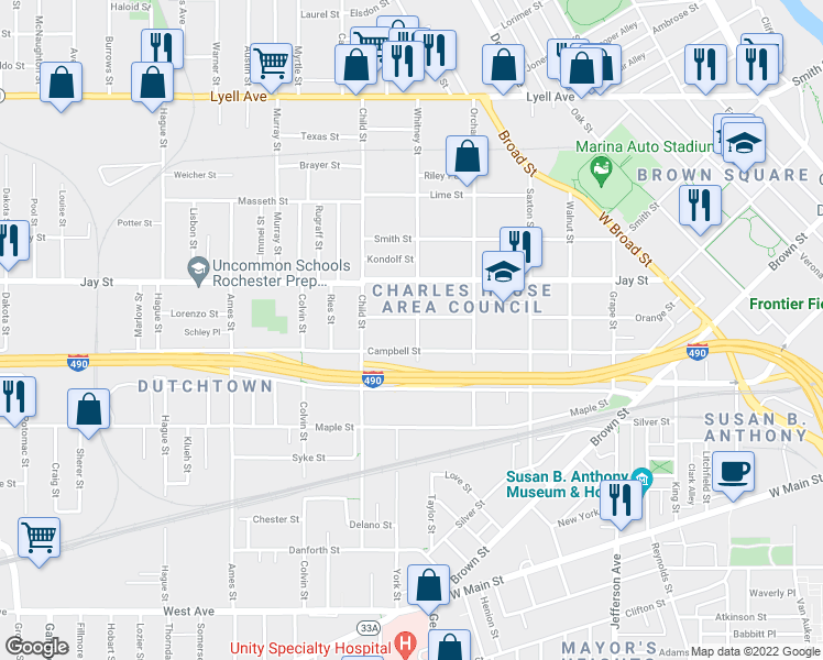 map of restaurants, bars, coffee shops, grocery stores, and more near 77 Whitney Street in Rochester