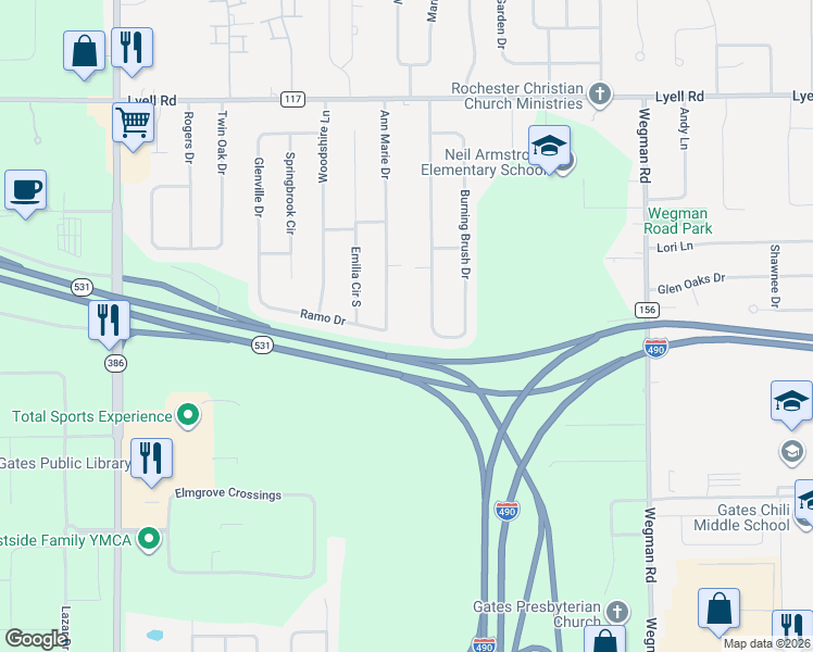 map of restaurants, bars, coffee shops, grocery stores, and more near 81 Ann Marie Drive in Rochester