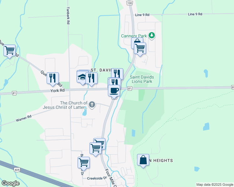 map of restaurants, bars, coffee shops, grocery stores, and more near 247 Four Mile Creek Road in Niagara-on-the-Lake